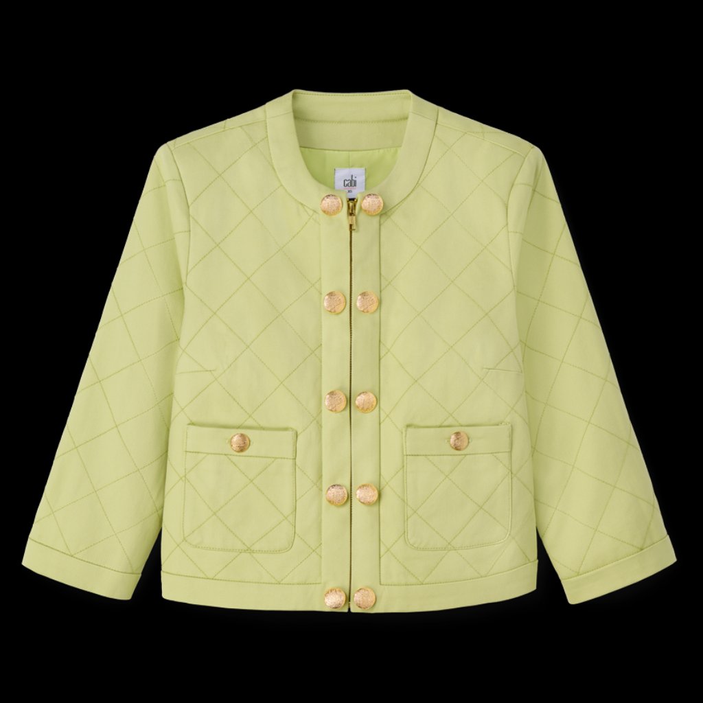 Cabi Light Lime Quilted Bomber Jacket With Gold Buttons